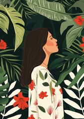 Wall Mural - Woman In Tropical Floral Dress Illustration