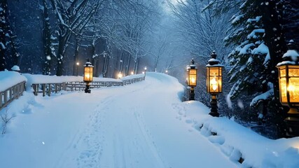 Aufkleber - Snow covered path winds through a serene forest at night, lit by street lamps, creating a magical atmosphere perfect for a romantic evening stroll