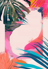 Poster - Tropical Leaves Abstract Background With Pink, Blue, and Orange Colors