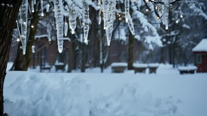 Aufkleber - Icicles hang from tree branch in snowy park, glistening in winter sun, creating frozen landscape perfect for season. Tranquil setting captures essence of snowy december day