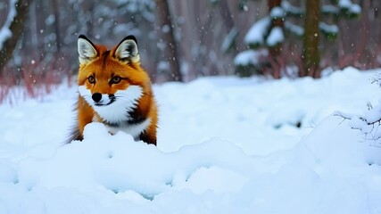 Poster - Majestic red fox with a thick winter coat is traversing a snowy landscape in a serene forest setting. The falling snow adds to the enchanting ambiance of the scene