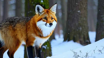 Aufkleber - Majestic red fox with a thick winter coat is walking through a snowy forest, its keen senses alert to the sights and sounds of the winter woods