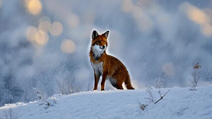 Aufkleber - Red fox stands gracefully on a snowy hill in a serene winter forest, gazing out into the tranquil landscape. Perfect for december, january, or february backgrounds
