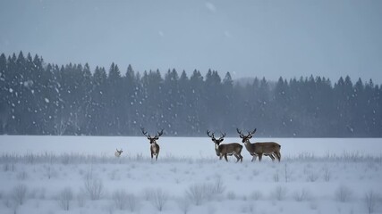 Aufkleber - Four deer are standing in a snowy field with a forest in the background during a light snowfall. The deer are looking around, enjoying the peacefulness of the winter landscape