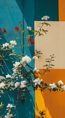 Wall Mural - Colorful Wall with White Flowers and Red Flowers