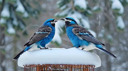 Poster - Two vibrant blue birds perched on a snowy feeder in a winter forest, adding color to the serene landscape. Perfect for january or february