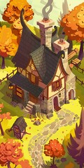 Poster - Cute Cartoon Illustration of a Stone House in the Woods