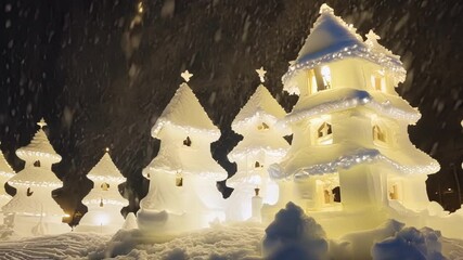 Poster - Snow falls gently on buildings, creating a magical winter wonderland on a festive night. The scene is serene and beautiful, perfect for the holiday season