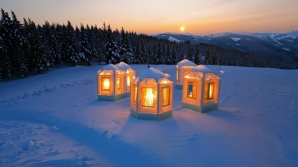 Poster - Four cozy wooden houses nestled in snowy landscape, illuminated by setting sun, exuding peace and beauty for holiday getaway or retreat in snowy mountains