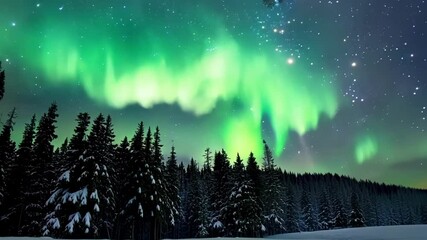 Aufkleber - The sky glows with green northern lights over a snowy forest, creating a magical winter wonderland scene. The starry night sky adds charm to this dreamy winter escape