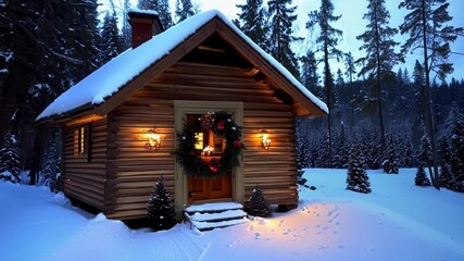 Poster - Small cozy log cabin with warm lights and a festive christmas wreath on the door is nestled in a peaceful snowy pine forest, creating a magical winter wonderland scene