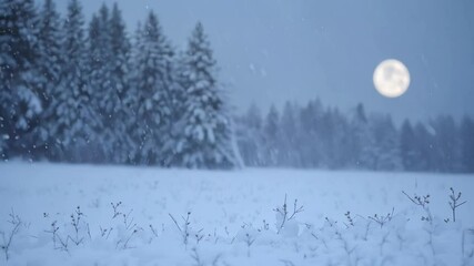 Poster - Snow gently falls on a frozen field, creating a serene winter wonderland under the full moon's magical glow, evoking calm on a cold evening. Sky is deep blue with snowflakes dancing down