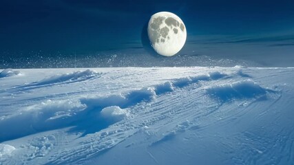 Aufkleber - Serene snowy field glows under a large moon in a deep blue sky, creating a magical winter scene of tranquil beauty