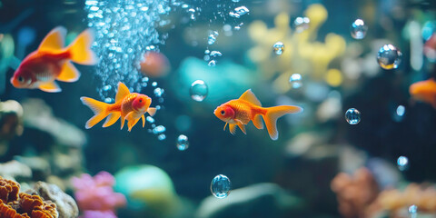 Two vibrant orange goldfish swimming amidst bubbles in a clear aquarium, with coral and plants in the background under soft lighting.