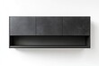 © Irina B - Minimalist black kitchen cabinet with a smooth surface and open shelf design, mounted on a white wall for a modern and clean aesthetic.
