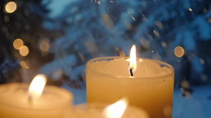 Poster - Close up shot of a burning candle with a snowy background, creating a cozy and inviting ambiance for the winter season