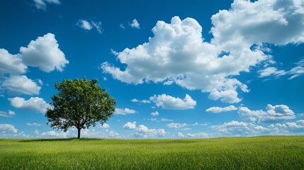 Lone tree in a vast green field under blue sky