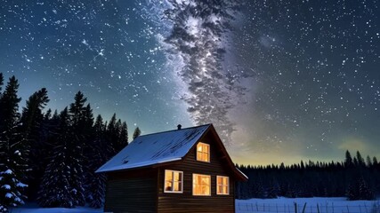 Poster - Distant cabin is glowing with warm light under a breathtaking starry night sky during winter. The surrounding snow and trees create a serene and peaceful atmosphere