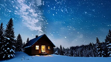 Poster - Cozy wooden cabin is glowing under a clear starry night sky, surrounded by a snowy forest. The image evokes feelings of peace, tranquility, and winter wonderland magic
