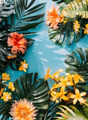 Wall Mural - Tropical Flowers and Leaves on Blue Background