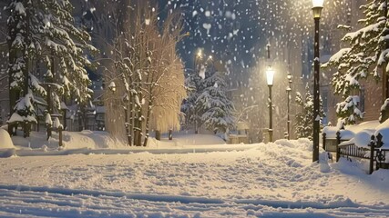 Poster - Snow falls on a winding path in a serene snowy landscape at night, softly lit by streetlights, creating a magical and cozy winter wonderland perfect for the holiday season