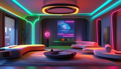 Futuristic smart home living room featuring neon lighting, holographic interfaces, and sleek modern furniture