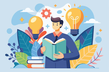 Poster - A person engages with a book while surrounded by vibrant designs and glowing lightbulbs symbolizing ideas, education and knowledge are the power to build creative ideas