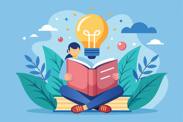 Poster - A person sits among leaves, deeply engaged in reading a book with a glowing light bulb above, education and knowledge are the power to build creative ideas