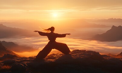 Poster - Silhouette of a woman on a mountaintop at sunrise.