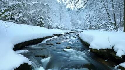 Aufkleber - Picturesque winter scene of a river flowing through a snow covered forest, with the trees and rocks blanketed in a pristine layer of white