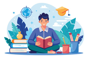 Poster - A student enjoys reading with books, plants, and study supplies nearby in a study-friendly environment, Education and learning