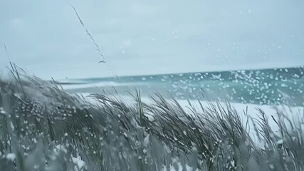 Aufkleber - Snow is falling on beach grass blowing in the wind on a beach with the ocean in the background. The grass is covered in snow