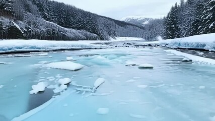 Aufkleber - Ice floes are clumped together along this river in the snowy wilderness, creating a beautiful reflection of the forest and mountains