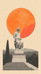 Wall Mural - Collage Art with Statue and Large Red Sun