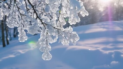 Aufkleber - Winter sun glows on a snowy tree branch, frost glistening in the light. Cold snow contrasts with a blue sky in this serene holiday scene