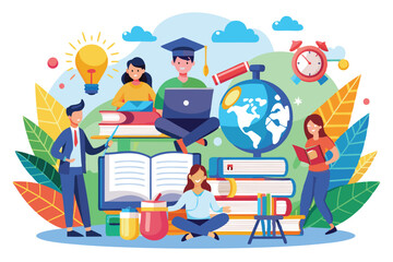 Poster - students participate in various learning activities surrounded by books, a globe, and creative tools