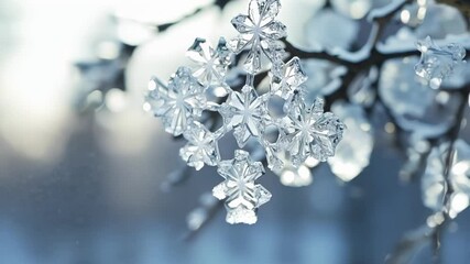 Aufkleber - Snowflakes cling to a tree branch, catching sunlight in a magical winter scene with intricate details highlighted against a soft, blurred background