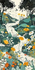 Wall Mural - Artistic Illustration of a Stream Flowing Through a Lush Forest
