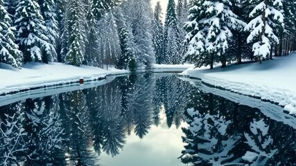 Aufkleber - Snow covered forest reflecting on the surface of a calm lake on a clear winter day