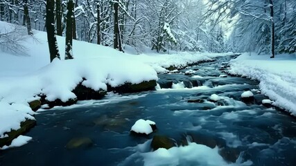 Aufkleber - Picturesque winter scene of a river flowing through a snow covered forest. The trees are covered in a thick blanket of snow, creating a serene and peaceful atmosphere