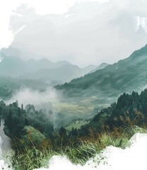 Sticker - Foggy Mountain Landscape with Green Trees and Rice Terraces