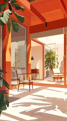 Wall Mural - Minimalist Illustration Of A Patio With Orange Walls And Green Plants