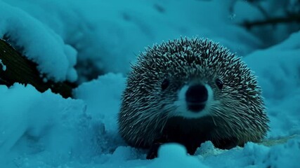 Poster - Cute hedgehog emerges from snowy forest at night, its spines glistening in the cold air