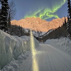 Wall Mural - Snowy Road With Aurora Borealis In The Mountains