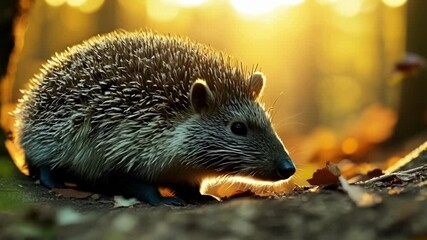Poster - Hedgehog is foraging for food on the forest floor near a large tree trunk, with fallen autumn leaves scattered around it. The warm light of the setting sun creates a cozy atmosphere