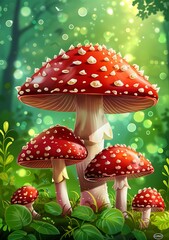 Canvas Print - Red and White Toadstools in a Forest