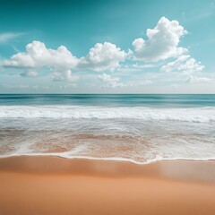 Poster - Calm Ocean Waves Crashing on Sandy Beach with Blue Sky and Fluffy Clouds