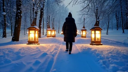 Aufkleber - Woman walking on snowy path in park at night, lit by lanterns. Romantic, peaceful ambiance with nature and trees. Dusk setting adds warmth to cold winter night, evoking cozy holiday feel