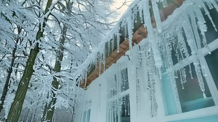 Aufkleber - Icicles hang from snowy roof, glistening in sunlight. Winter wonderland with white trees. Perfect for holiday backgrounds