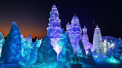 Aufkleber - In the enchanting twilight, intricate ice sculptures glow with colorful lights, creating a magical winter wonderland